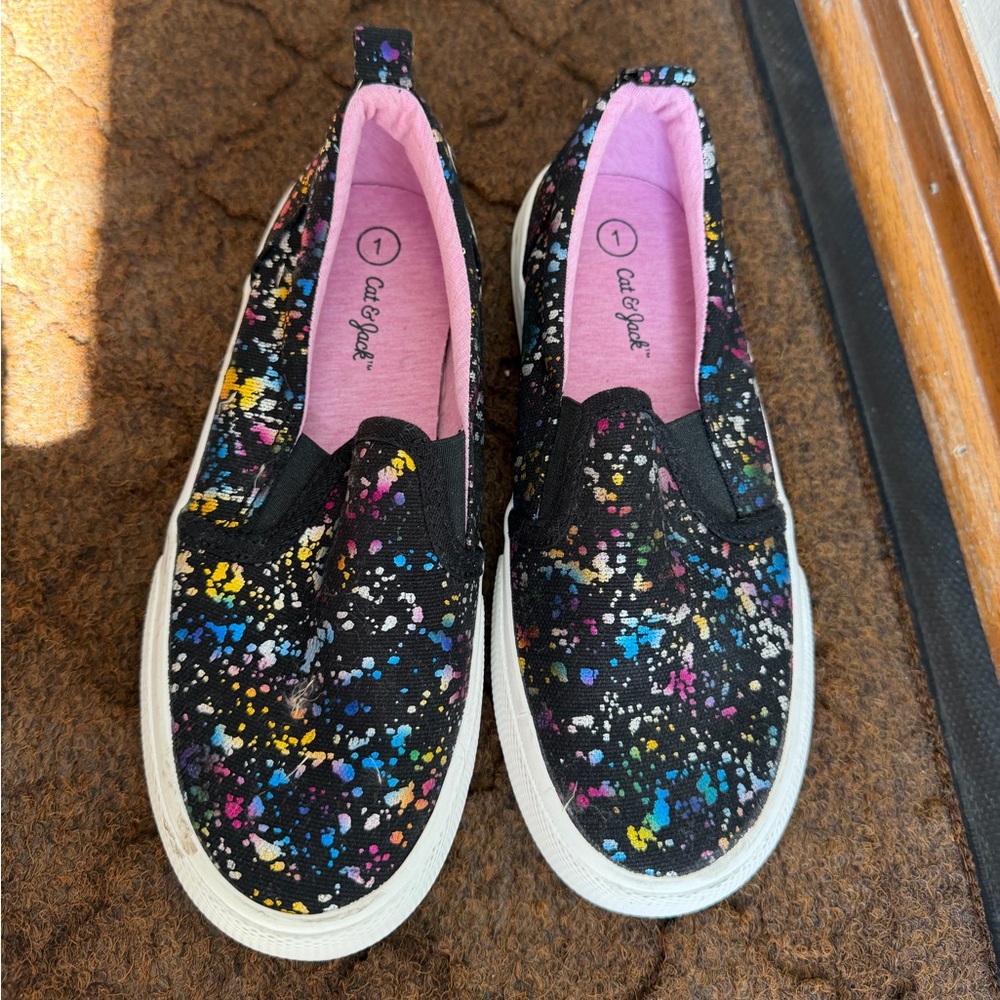 Cat & Jack Black Slip-On Sneakers with Multicolor Paint Splatter and Pink Lining